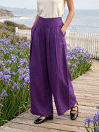 100% Linen Pleated Waist Wide Leg Pants LOUISA