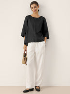 100% Linen Round Neck Asymmetrical Hem Top BRIANNA