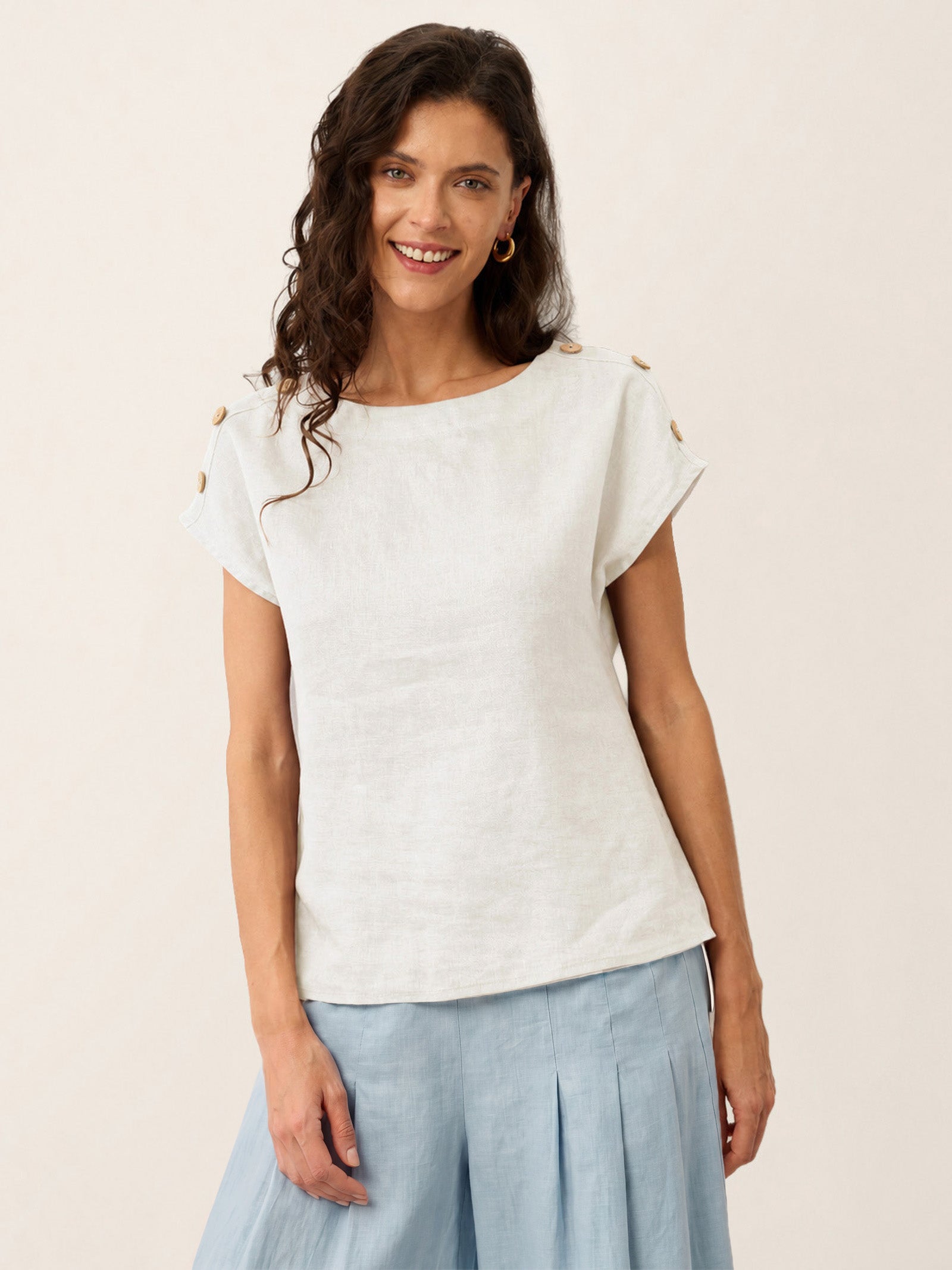 100% Linen Round Neck Button Detail Top ISABELLE