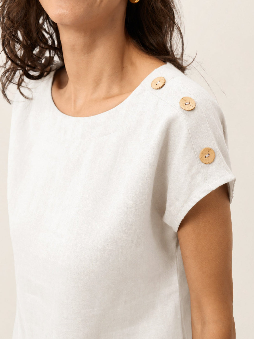 100% Linen Round Neck Button Detail Top ISABELLE