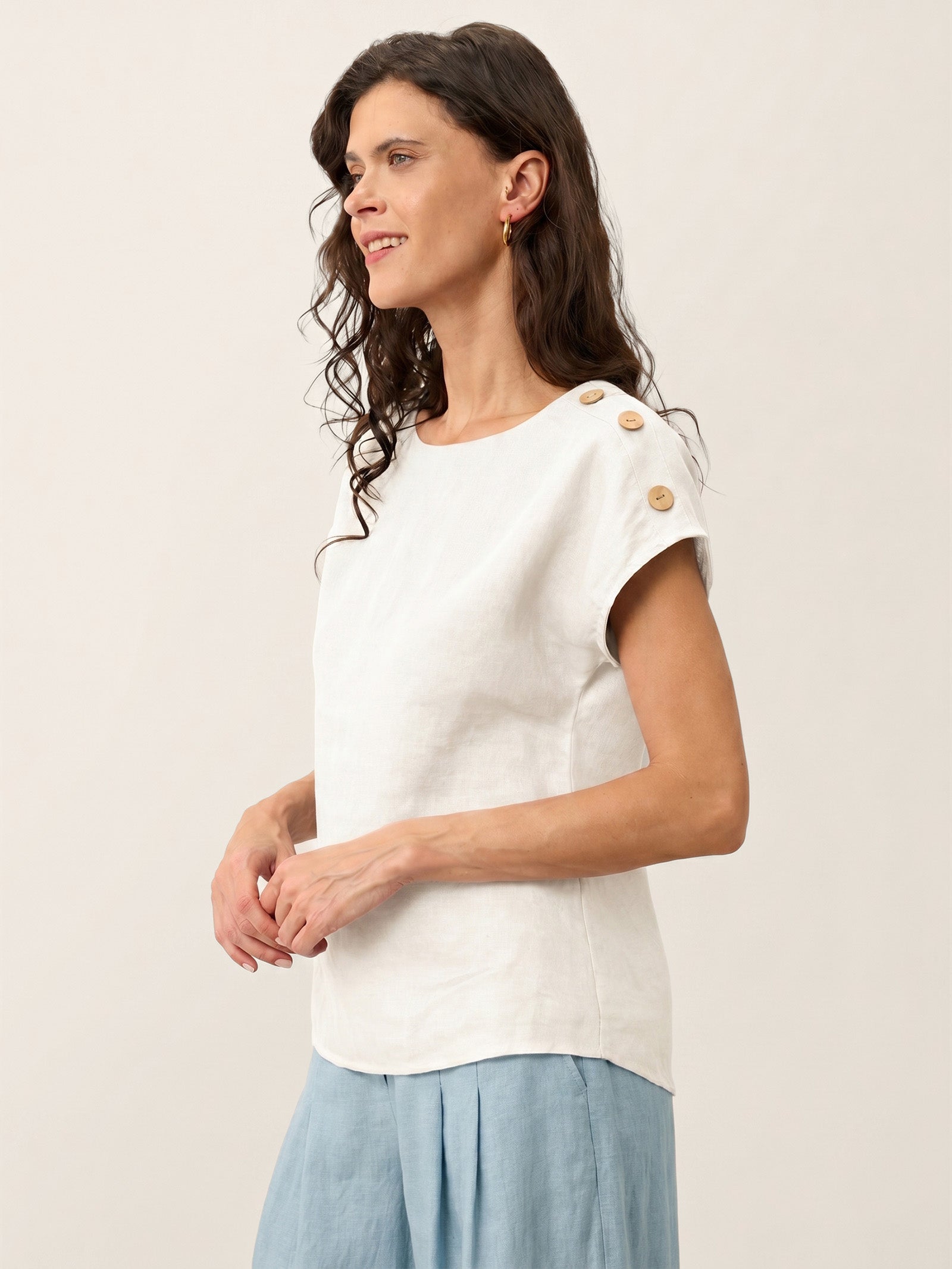100% Linen Round Neck Button Detail Top ISABELLE