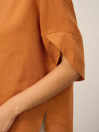 100% Linen Round Neck Petal-Sleeve Pullover LAUREL