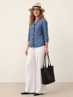 100% Linen Ruffle Placket V Neck Shirt RENATA