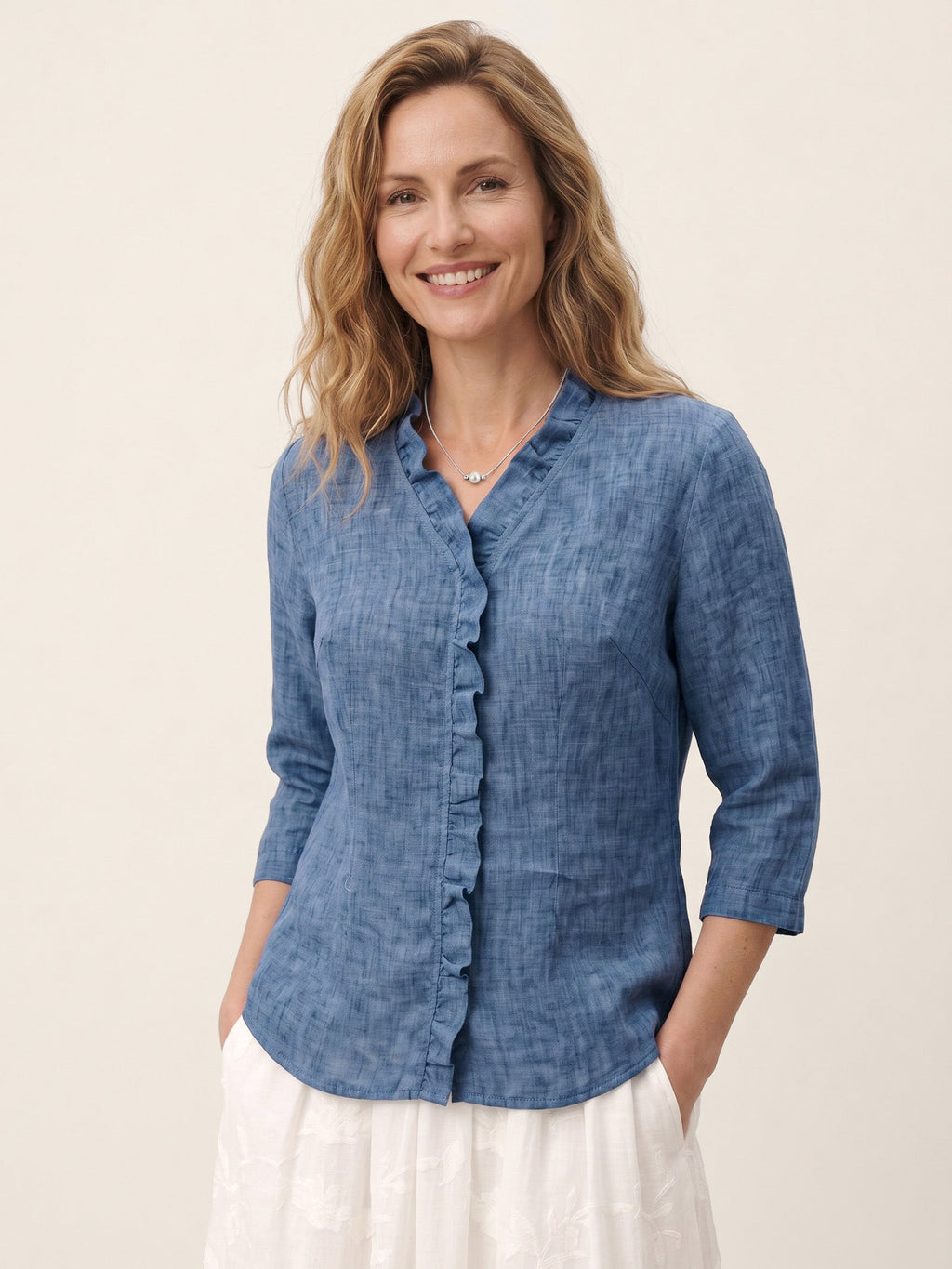 100% Linen Ruffle Placket V Neck Shirt RENATA