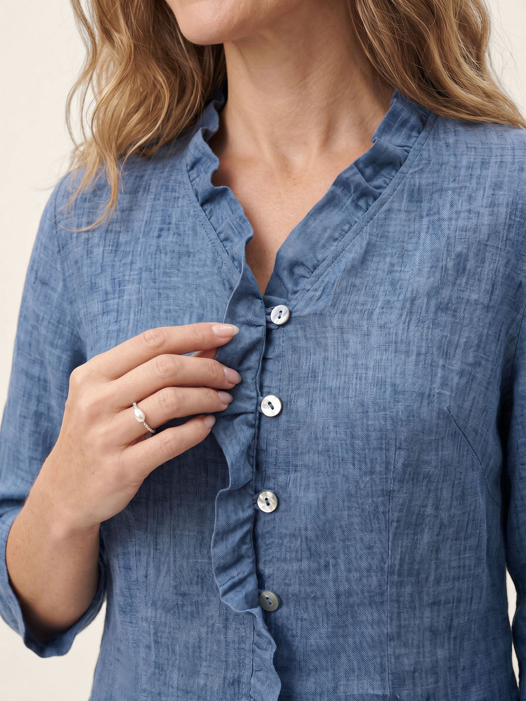 100% Linen Ruffle Placket V Neck Shirt RENATA
