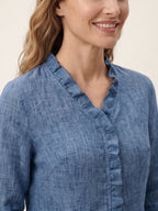 100% Linen Ruffle Placket V Neck Shirt RENATA
