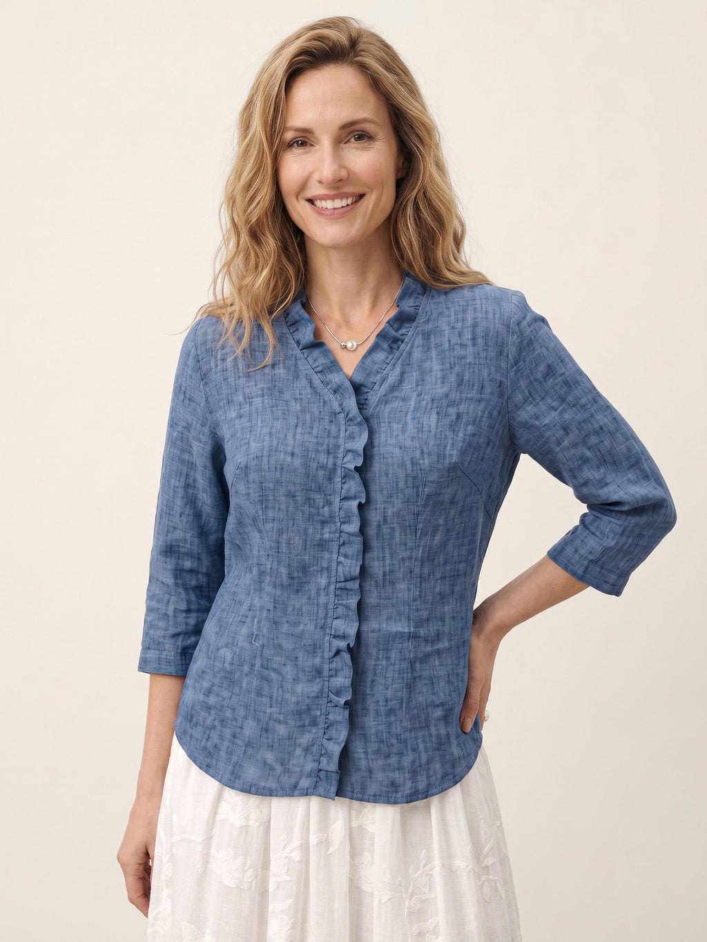 100% Linen Ruffle Placket V Neck Shirt RENATA