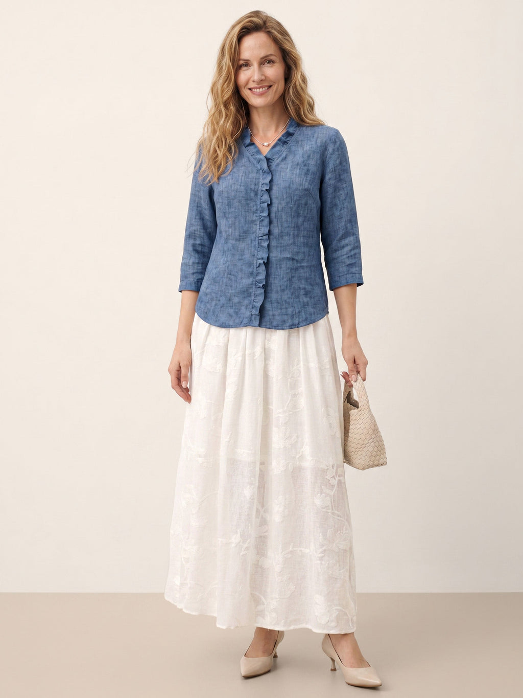 100% Linen Ruffle Placket V Neck Shirt RENATA