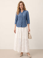 100% Linen Ruffle Placket V Neck Shirt RENATA