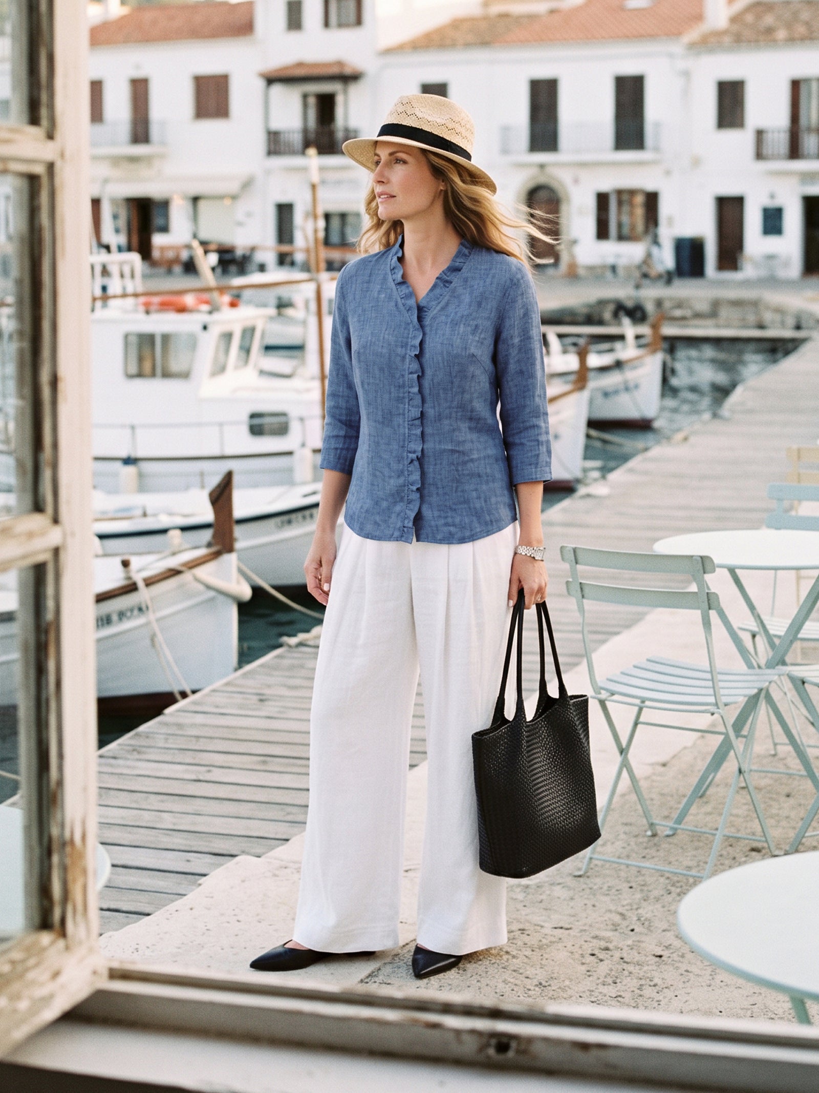 100% Linen Ruffle Placket V Neck Shirt RENATA