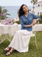 100% Linen Ruffle Placket V Neck Shirt RENATA