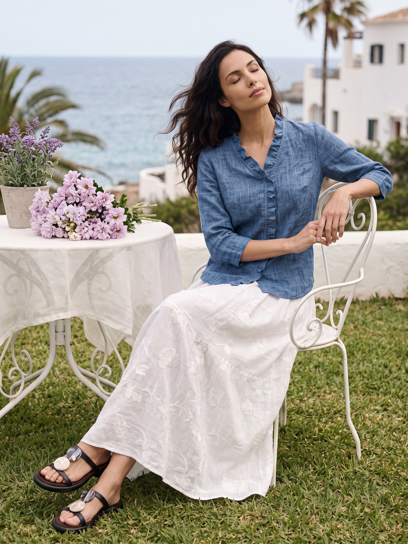 100% Linen Ruffle Placket V Neck Shirt RENATA
