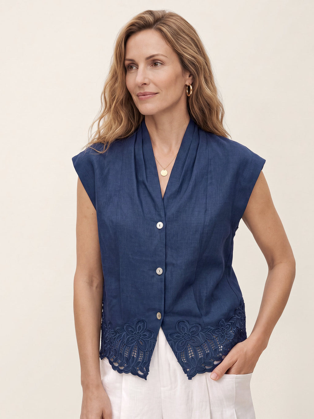 100% Linen Scalloped Lace Hem Sleeveless Shirt ALVINA