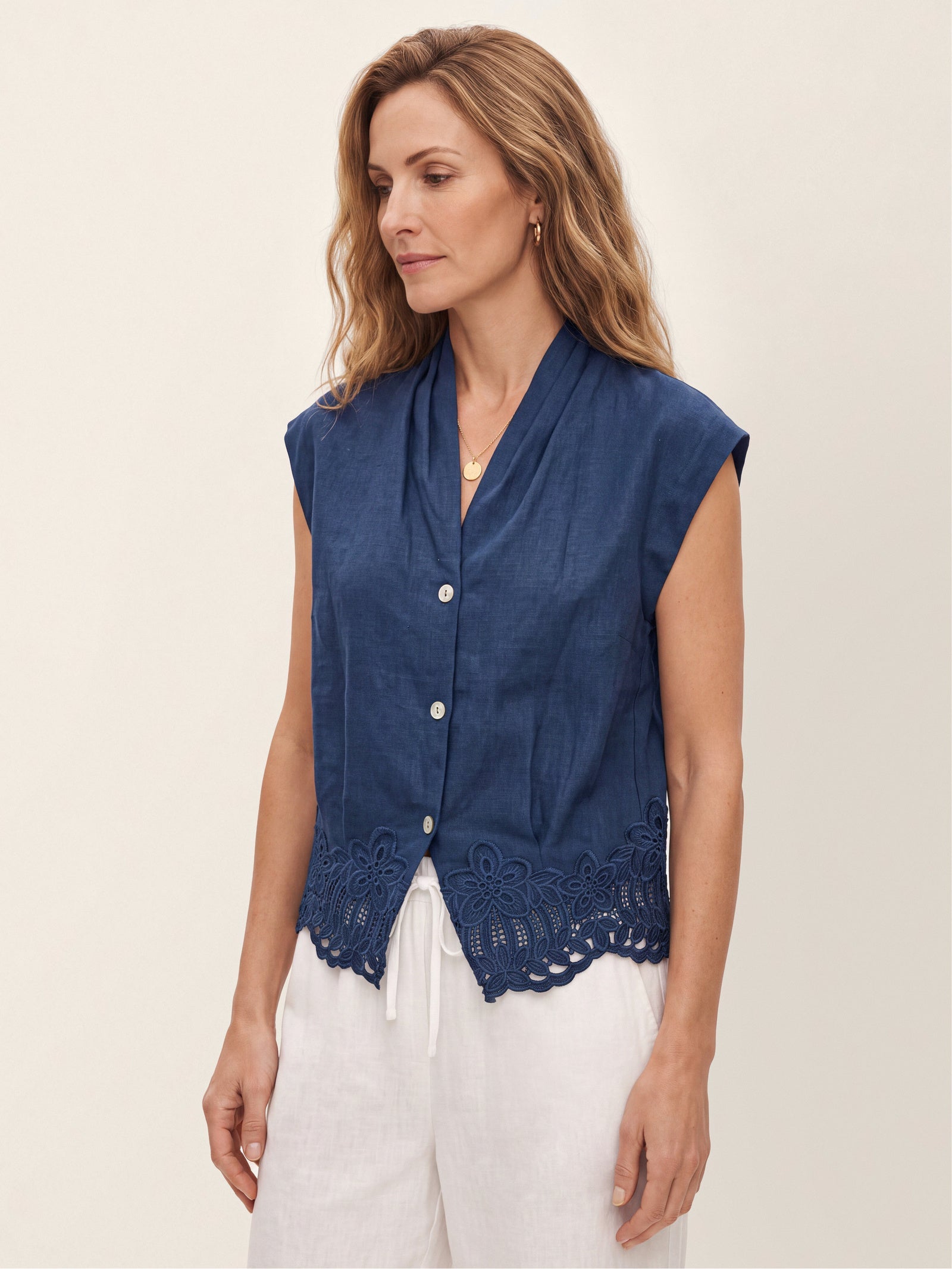 100% Linen Scalloped Lace Hem Sleeveless Shirt ALVINA