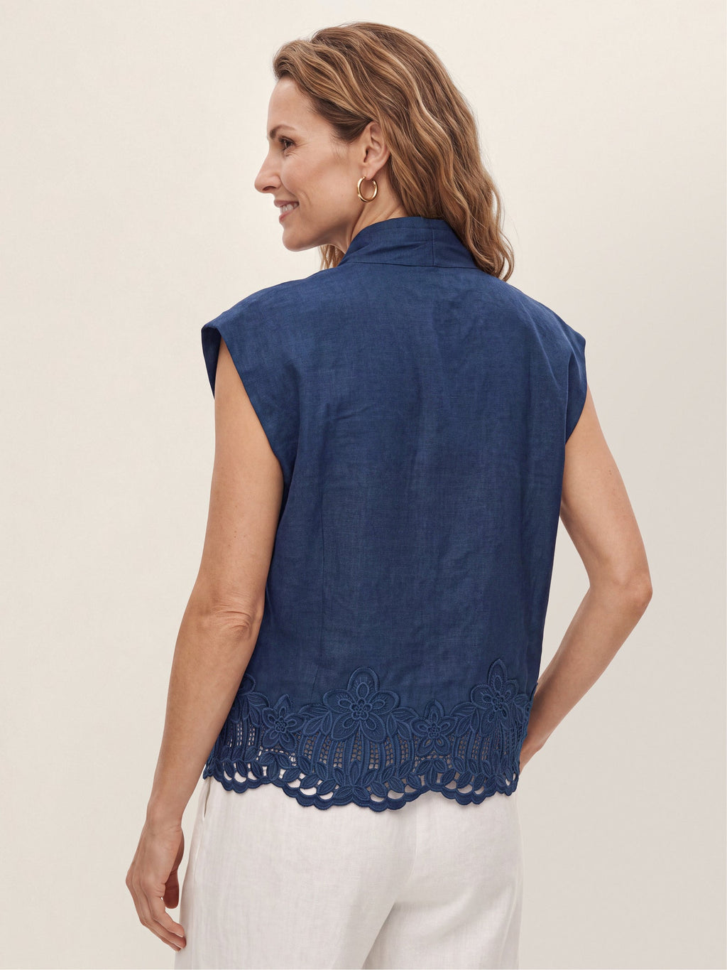 100% Linen Scalloped Lace Hem Sleeveless Shirt ALVINA