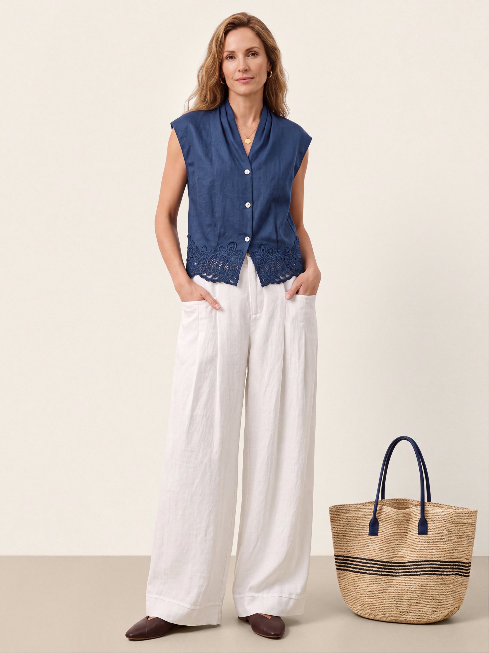 100% Linen Scalloped Lace Hem Sleeveless Shirt ALVINA