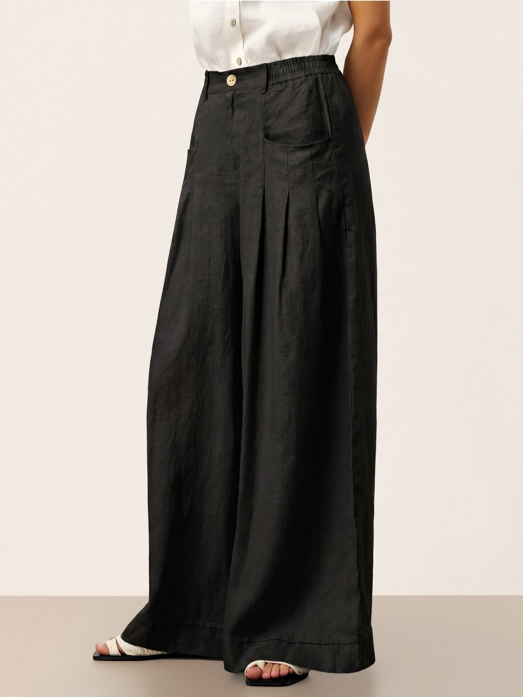 100% Linen Sculpted Pleat Elasticated Back Relaxed Pants VERIDIANA