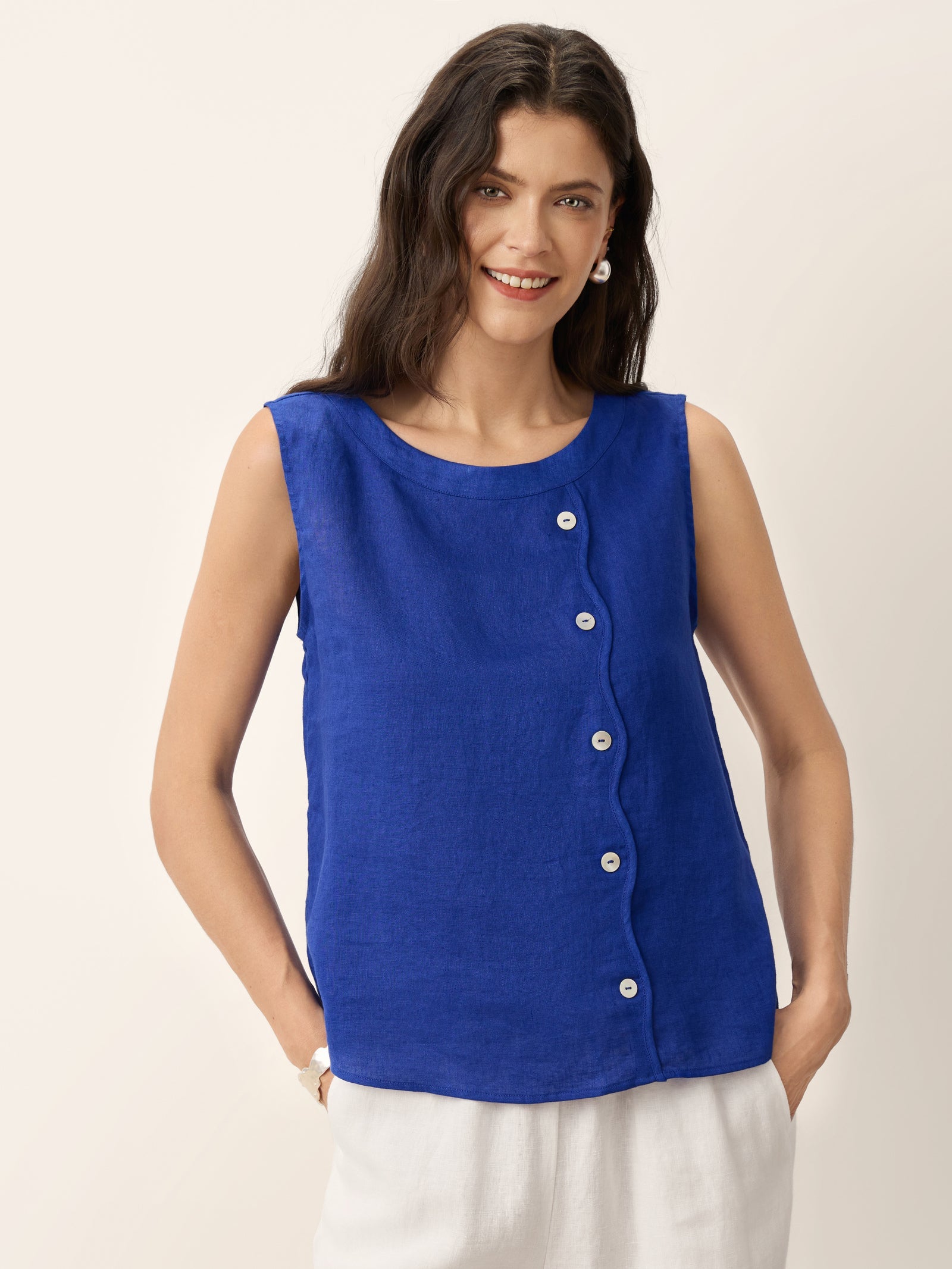 100% Linen Shell Button Detail Sleeveless Top GALATEA