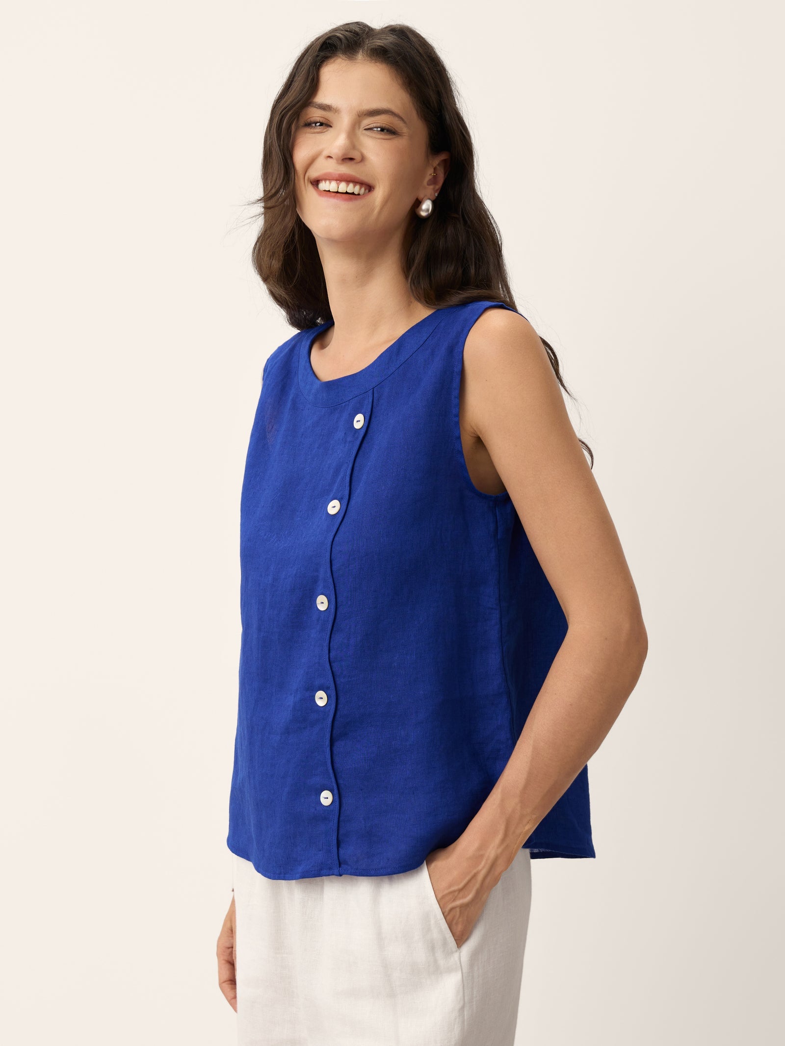 100% Linen Shell Button Detail Sleeveless Top GALATEA