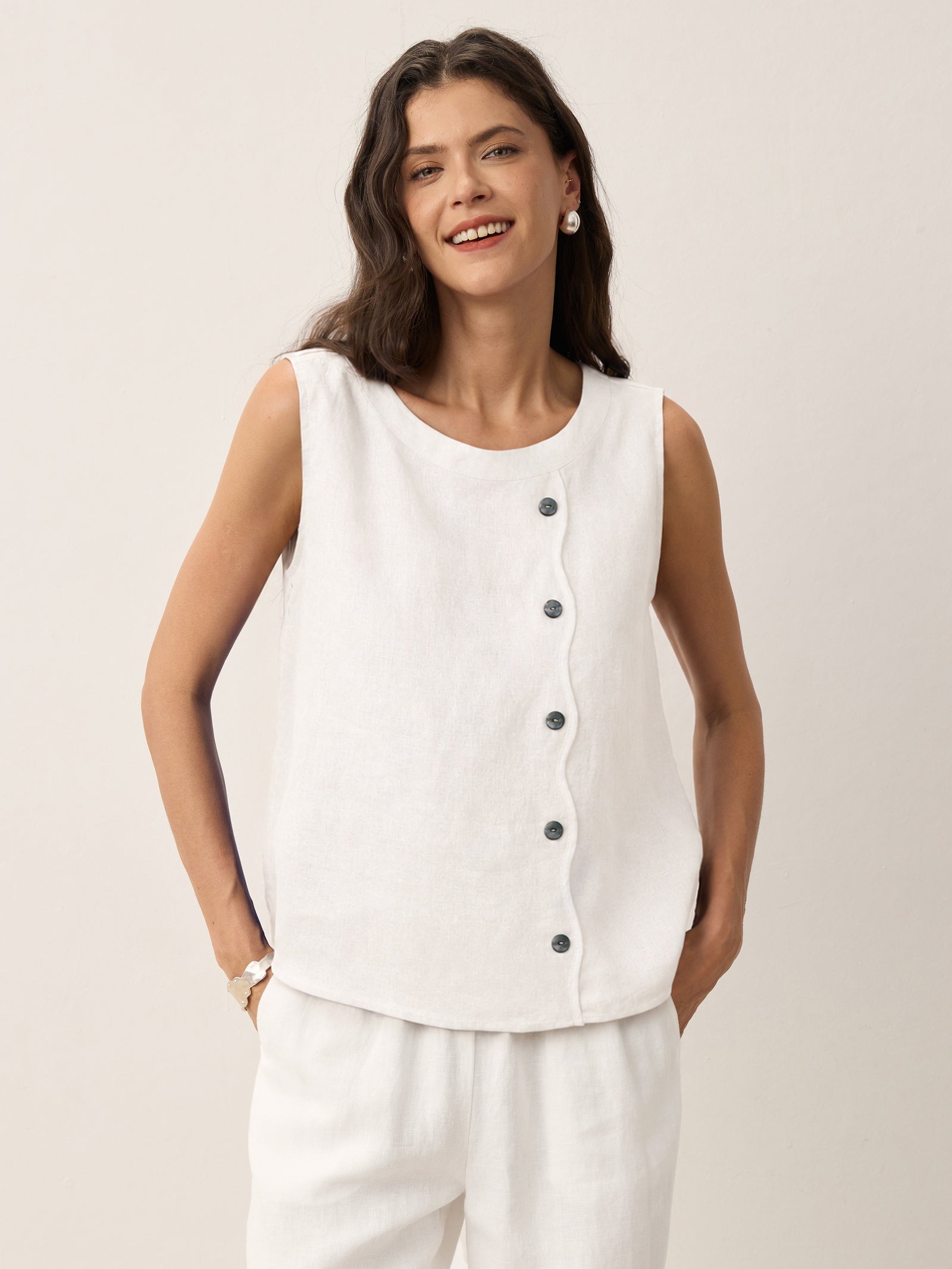 100% Linen Shell Button Detail Sleeveless Top GALATEA