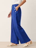 100% Linen Shell Button Elasticated Back Wide-Leg Pants IONE