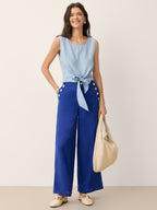 100% Linen Shell Button Elasticated Back Wide-Leg Pants IONE