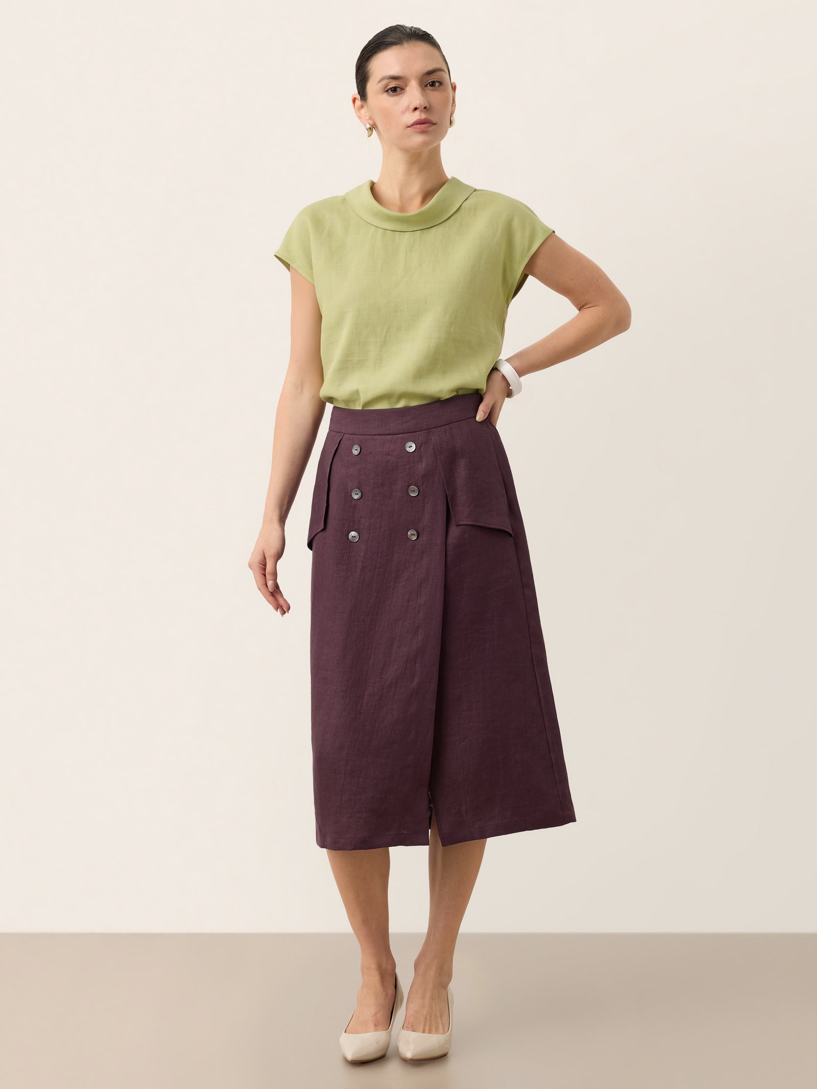 100% Linen Shell Button Flap Detail A Line Skirt PERDITA