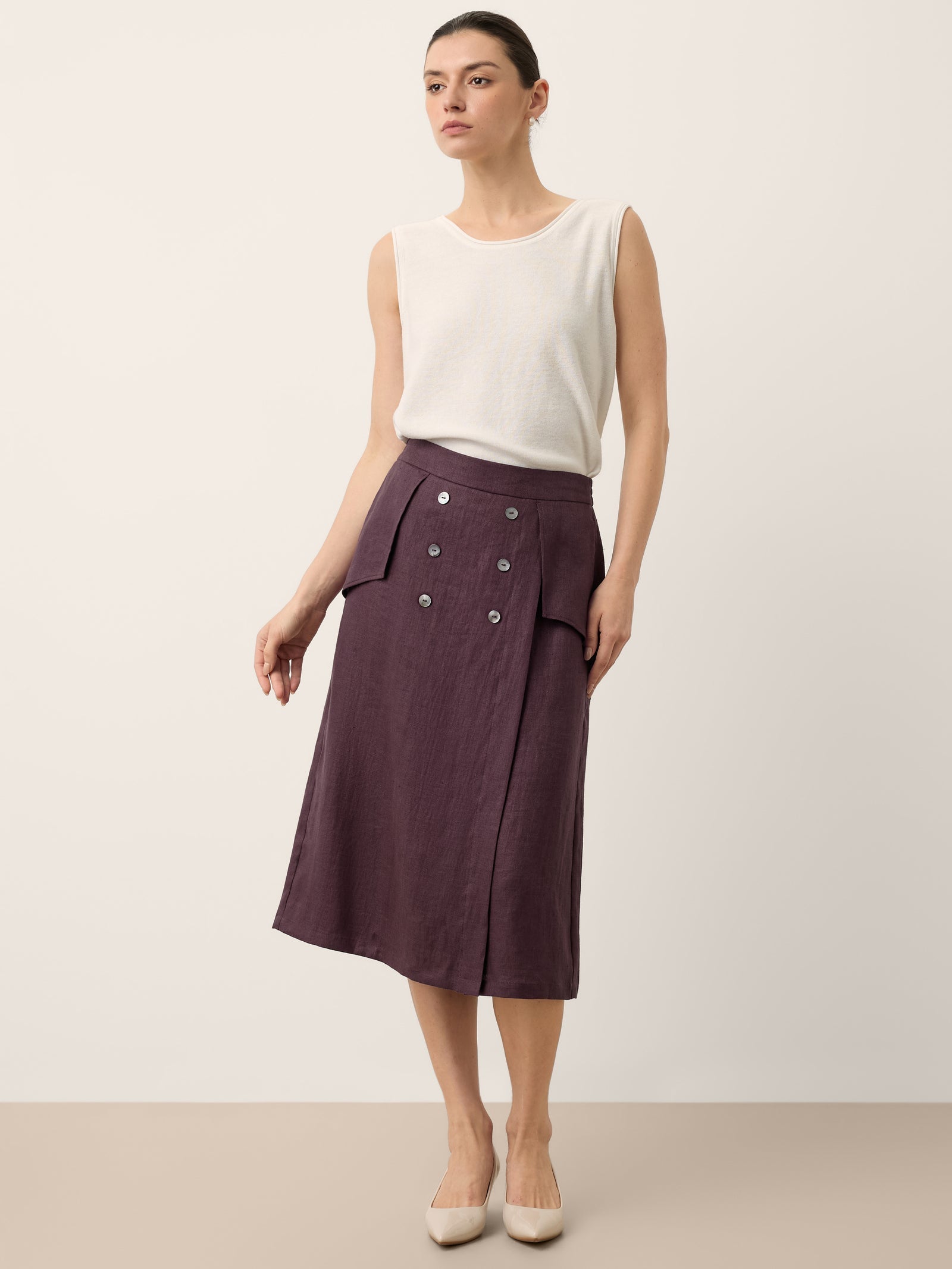 100% Linen Shell Button Flap Detail A Line Skirt PERDITA