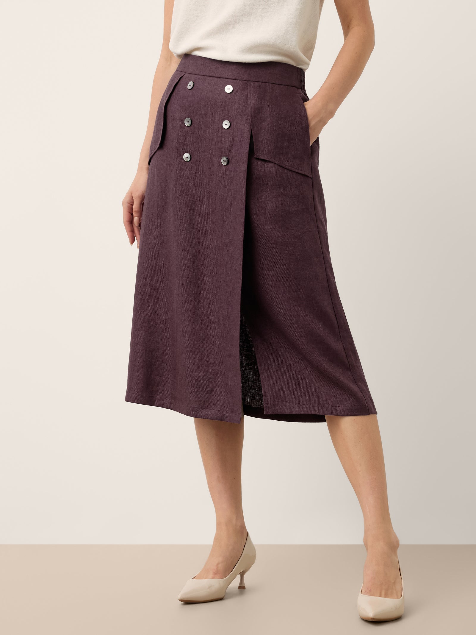 100% Linen Shell Button Flap Detail A Line Skirt PERDITA