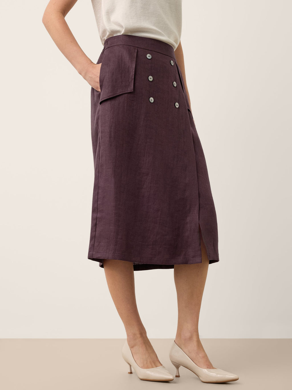 100% Linen Shell Button Flap Detail A Line Skirt PERDITA