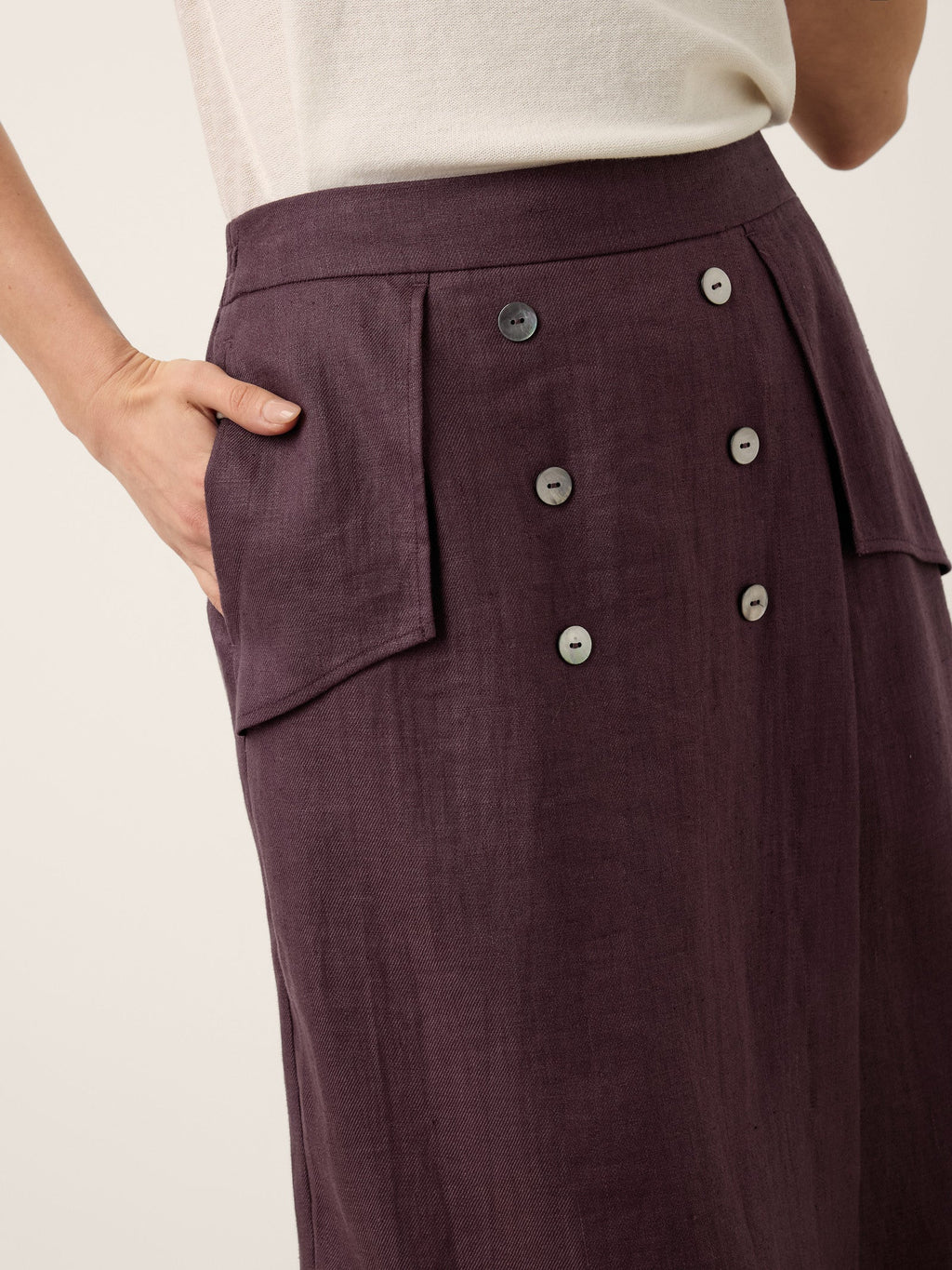 100% Linen Shell Button Flap Detail A Line Skirt PERDITA