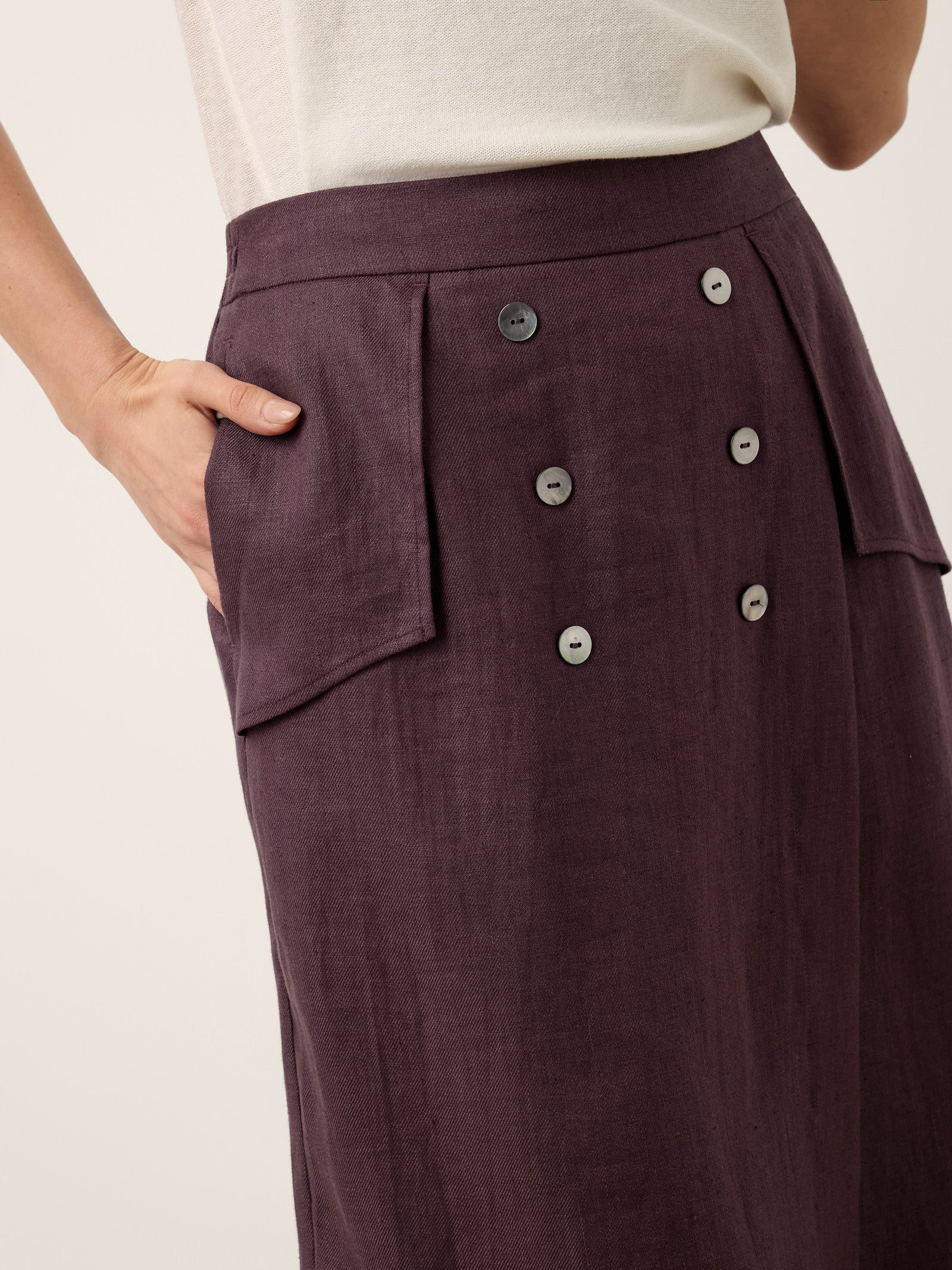 100% Linen Shell Button Flap Detail A Line Skirt PERDITA