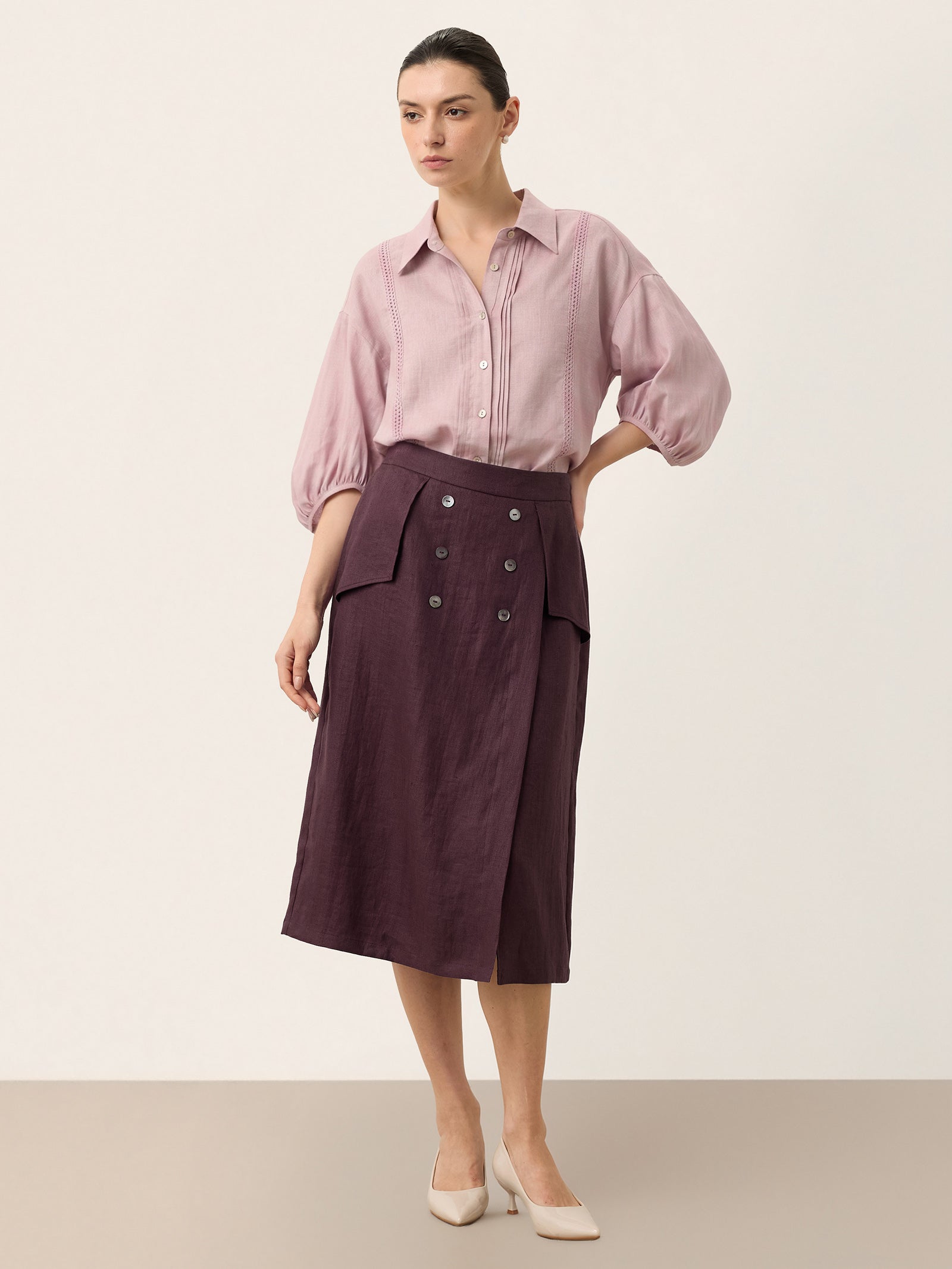 100% Linen Shell Button Flap Detail A Line Skirt PERDITA
