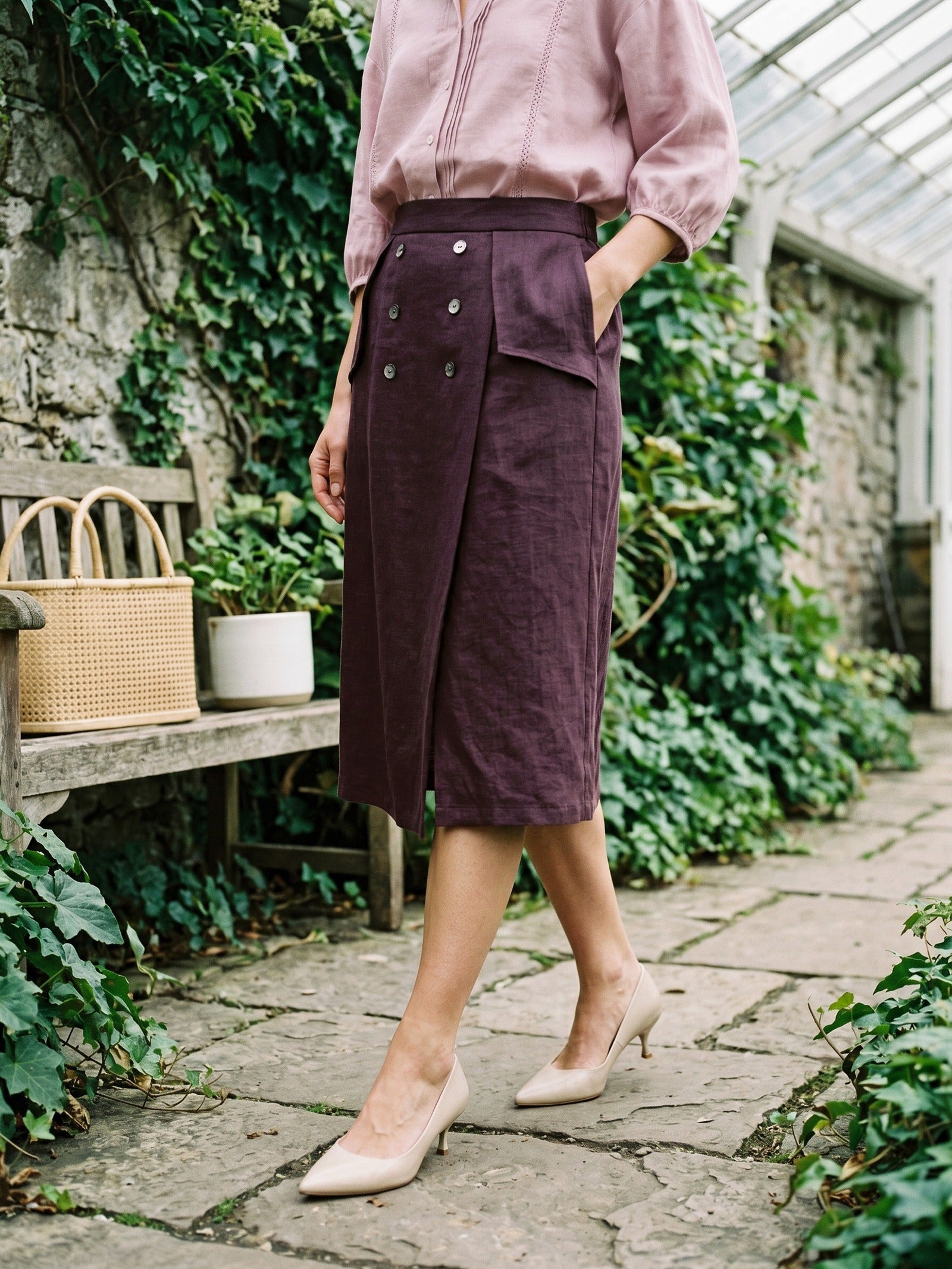 100% Linen Shell Button Flap Detail A Line Skirt PERDITA