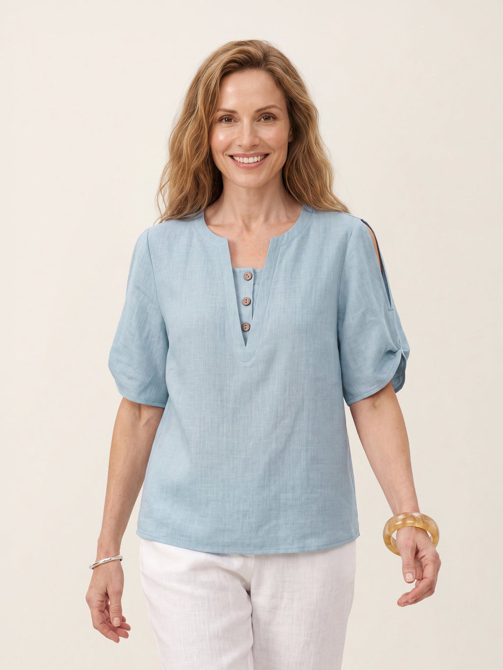 100% Linen Shoulder Slit V Neck Top NOELIA