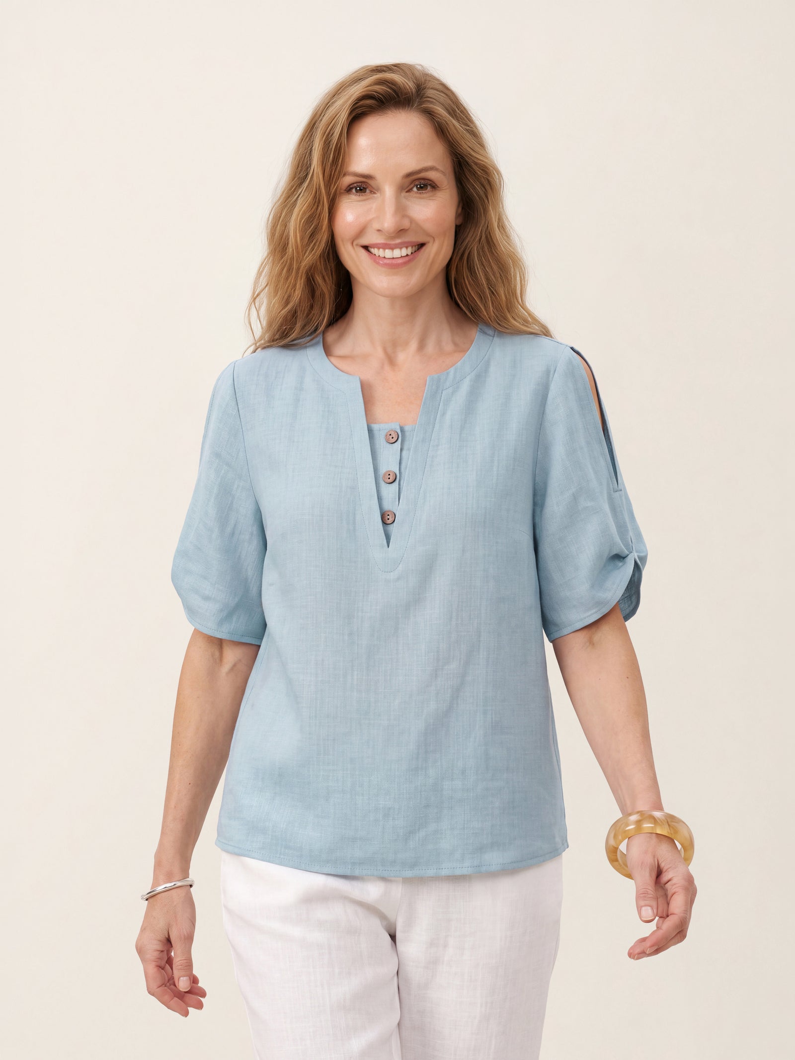 100% Linen Shoulder Slit V Neck Top NOELIA