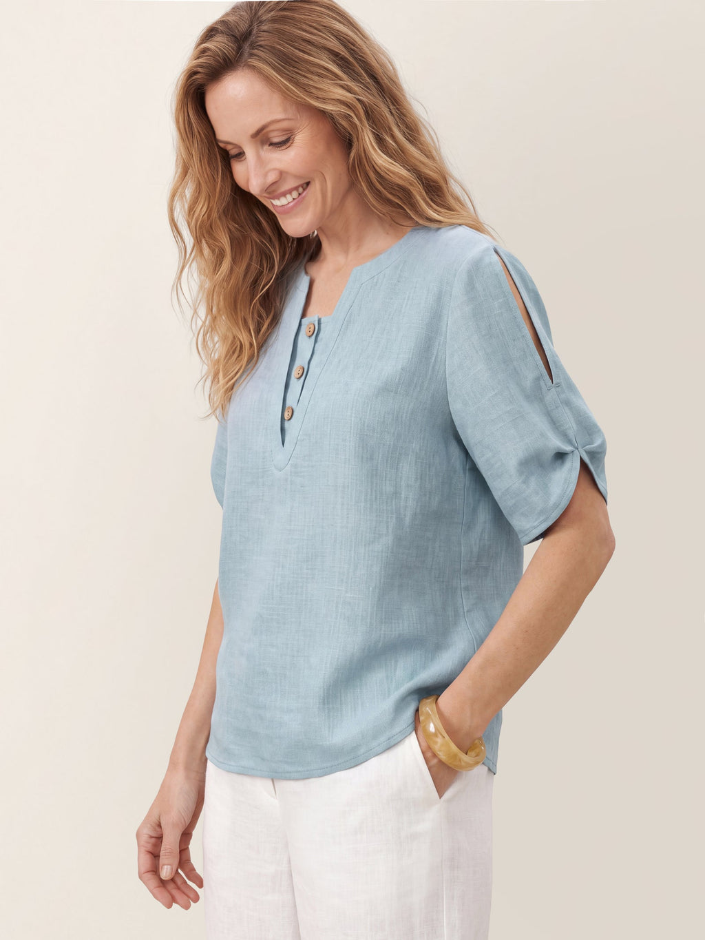 100% Linen Shoulder Slit V Neck Top NOELIA