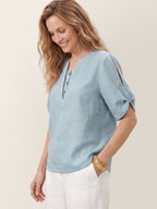 100% Linen Shoulder Slit V Neck Top NOELIA