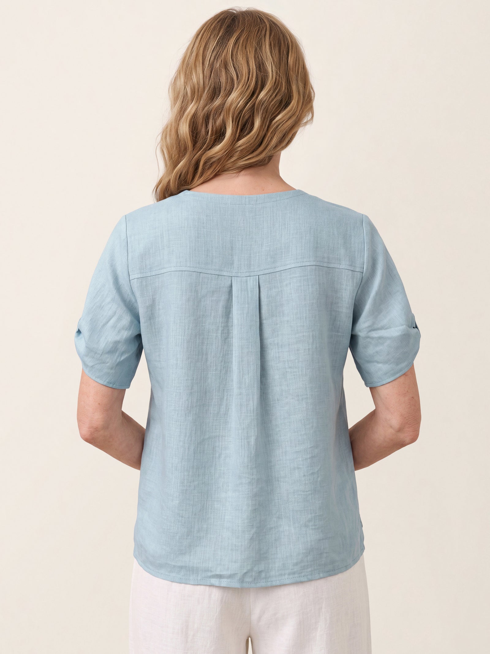 100% Linen Shoulder Slit V Neck Top NOELIA