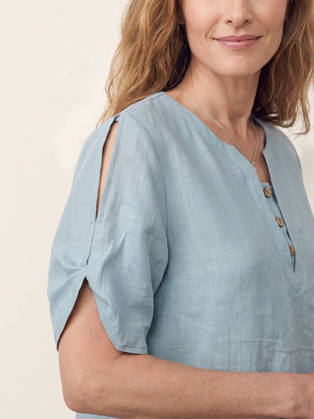 100% Linen Shoulder Slit V Neck Top NOELIA
