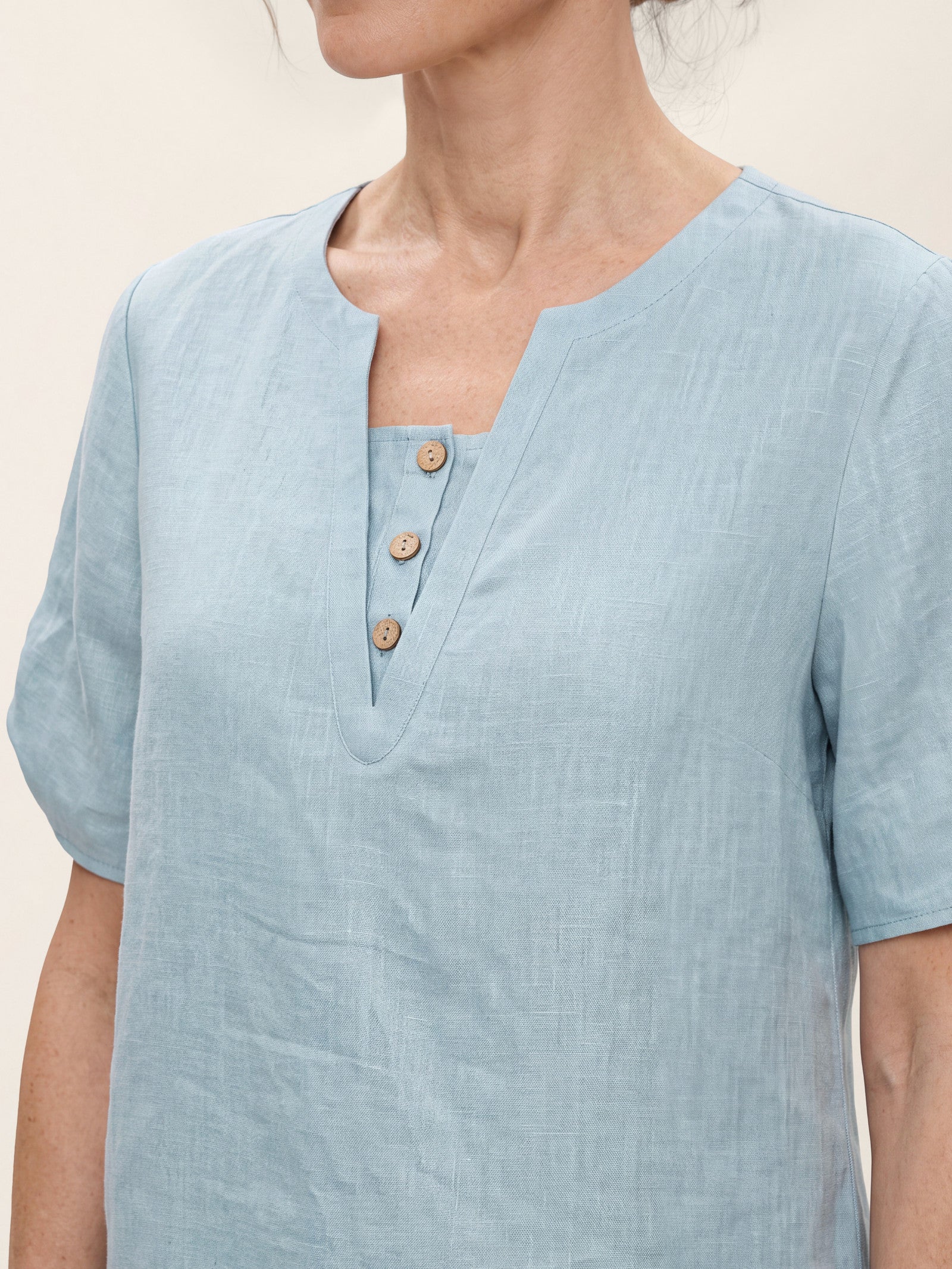 100% Linen Shoulder Slit V Neck Top NOELIA