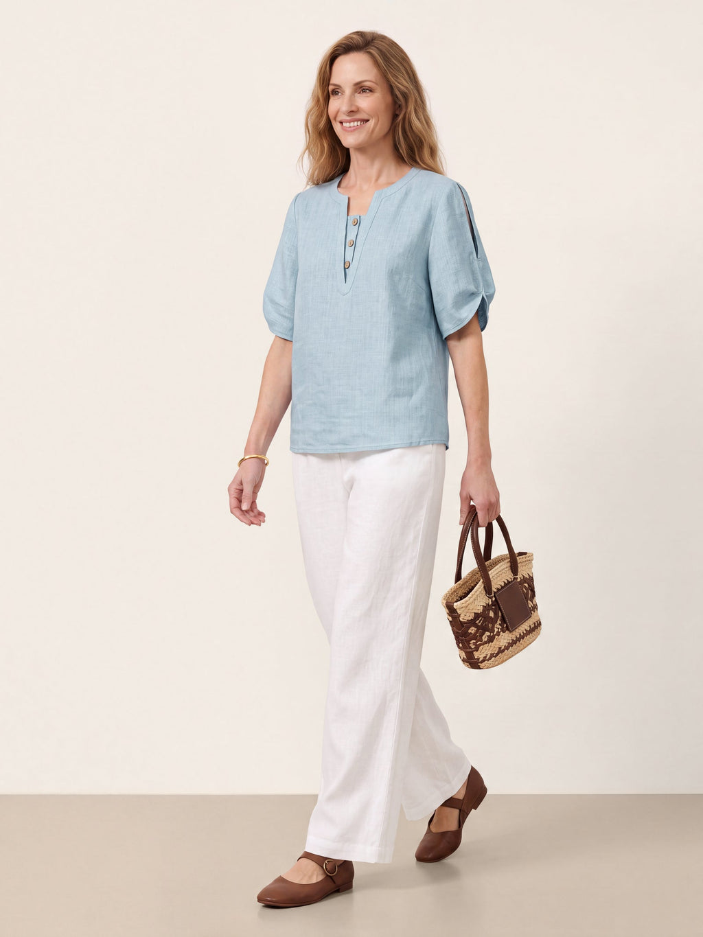 100% Linen Shoulder Slit V Neck Top NOELIA