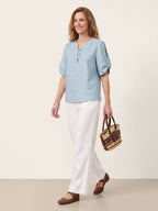 100% Linen Shoulder Slit V Neck Top NOELIA
