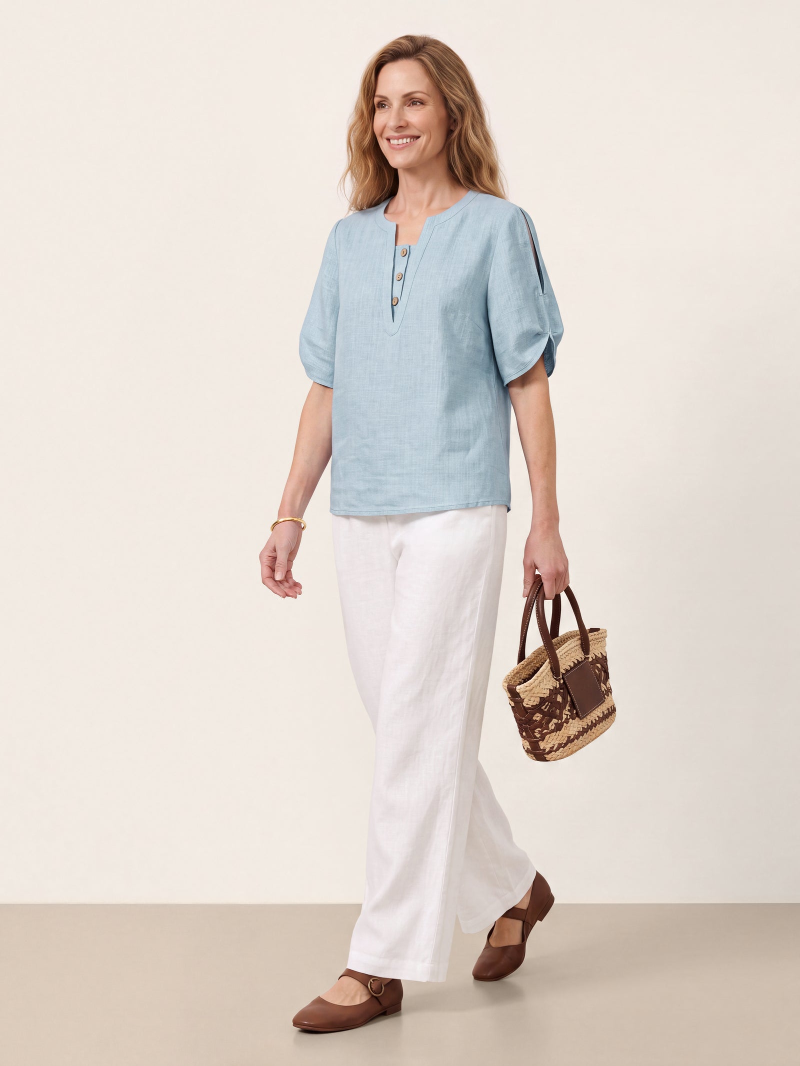 100% Linen Shoulder Slit V Neck Top NOELIA