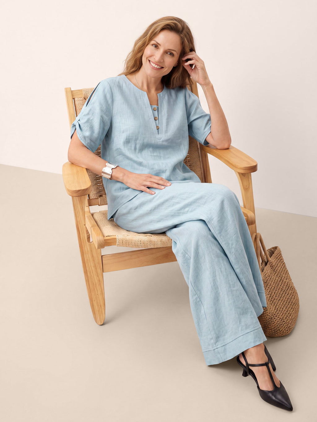 100% Linen Shoulder Slit V Neck Top NOELIA