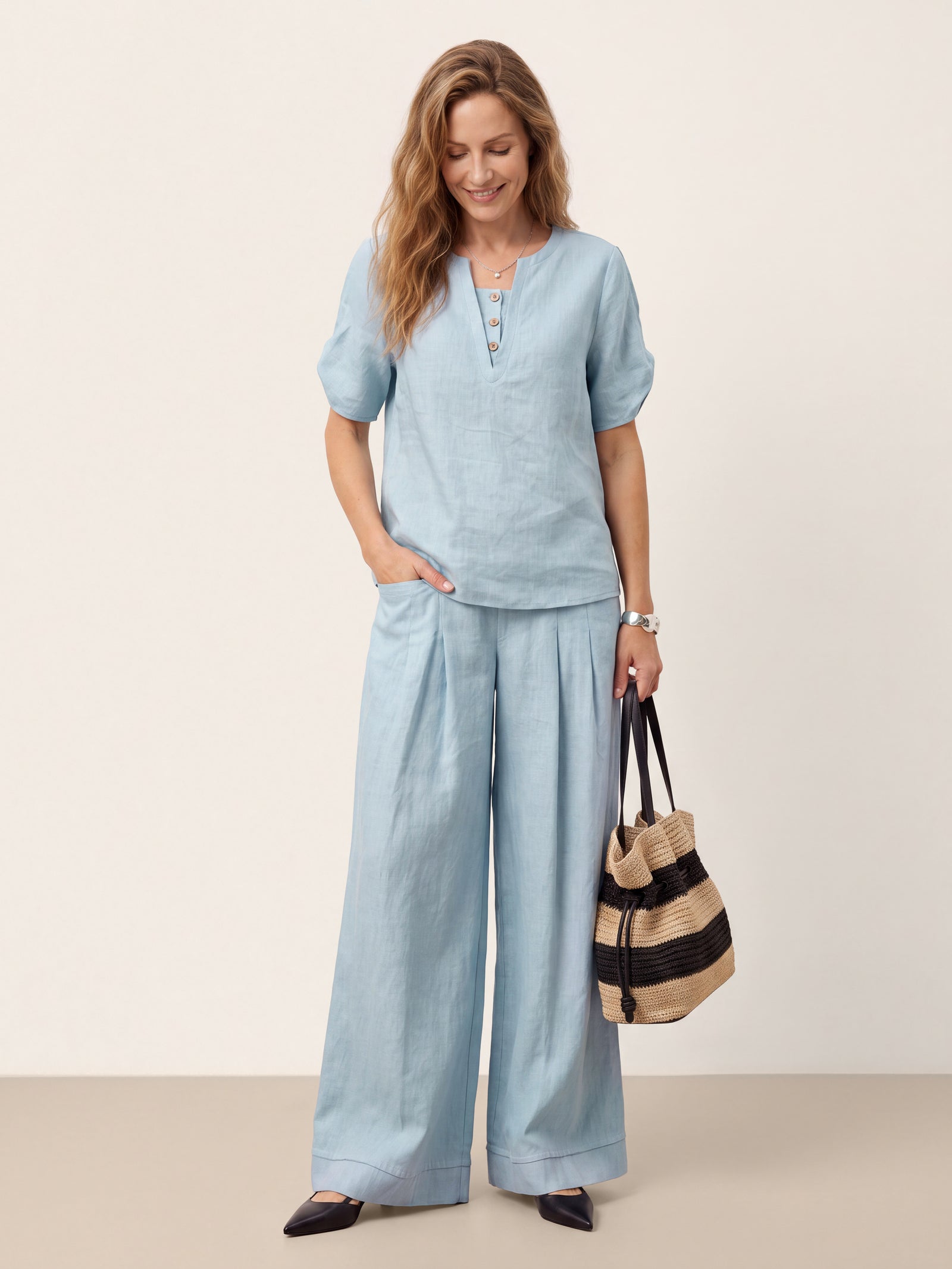 100% Linen Shoulder Slit V Neck Top NOELIA