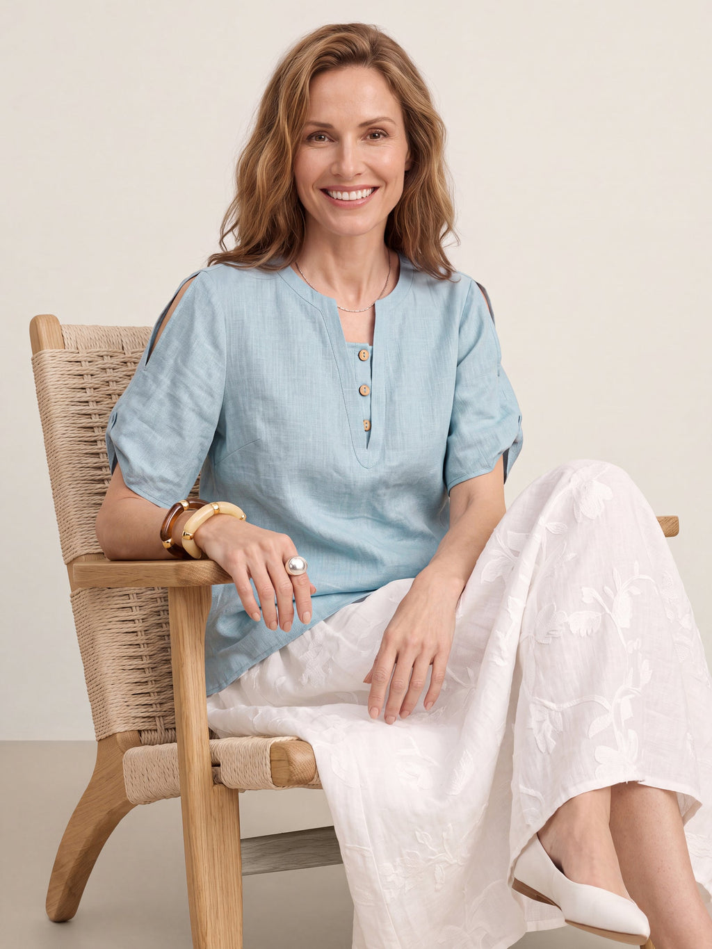 100% Linen Shoulder Slit V Neck Top NOELIA