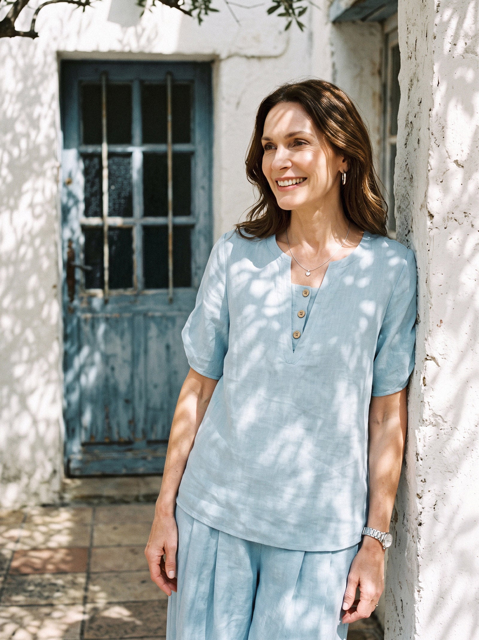 100% Linen Shoulder Slit V Neck Top NOELIA