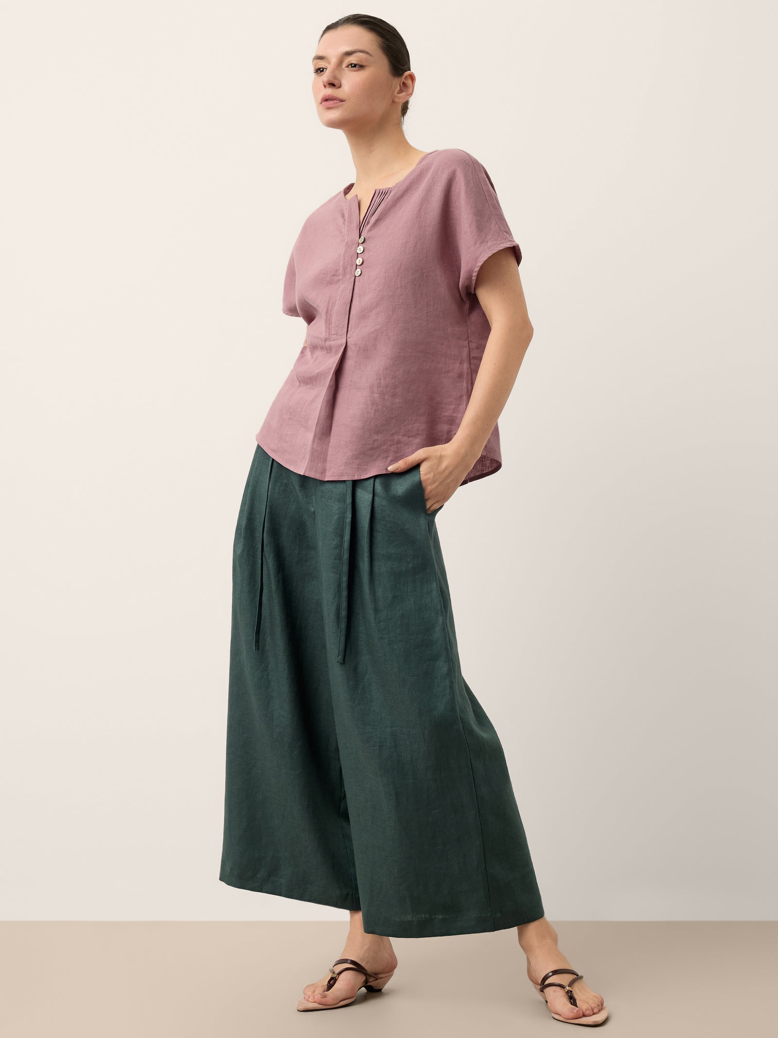 100% Linen Side Tie Elasticated Waist Wide Leg Cropped Pants CAMILLA