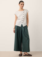 100% Linen Side Tie Elasticated Waist Wide Leg Cropped Pants CAMILLA